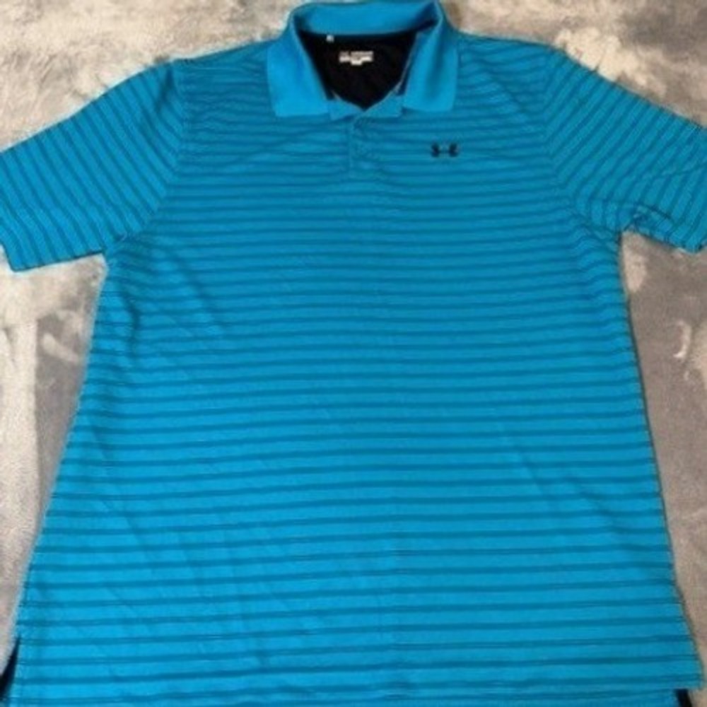 Under Armour HeatGear Mens 2XL Blue Striped Short Sleeve Golf Polo Shirt